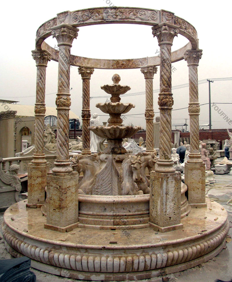 A set of antique beige marble gazebo and horse tiered fountain design for garden decor outdoor