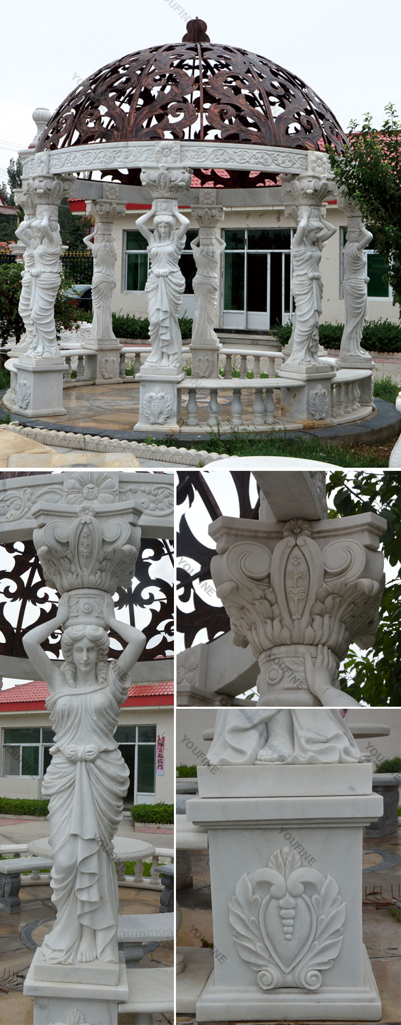 Details of outdoor white marble pergola with woman statues design for castle