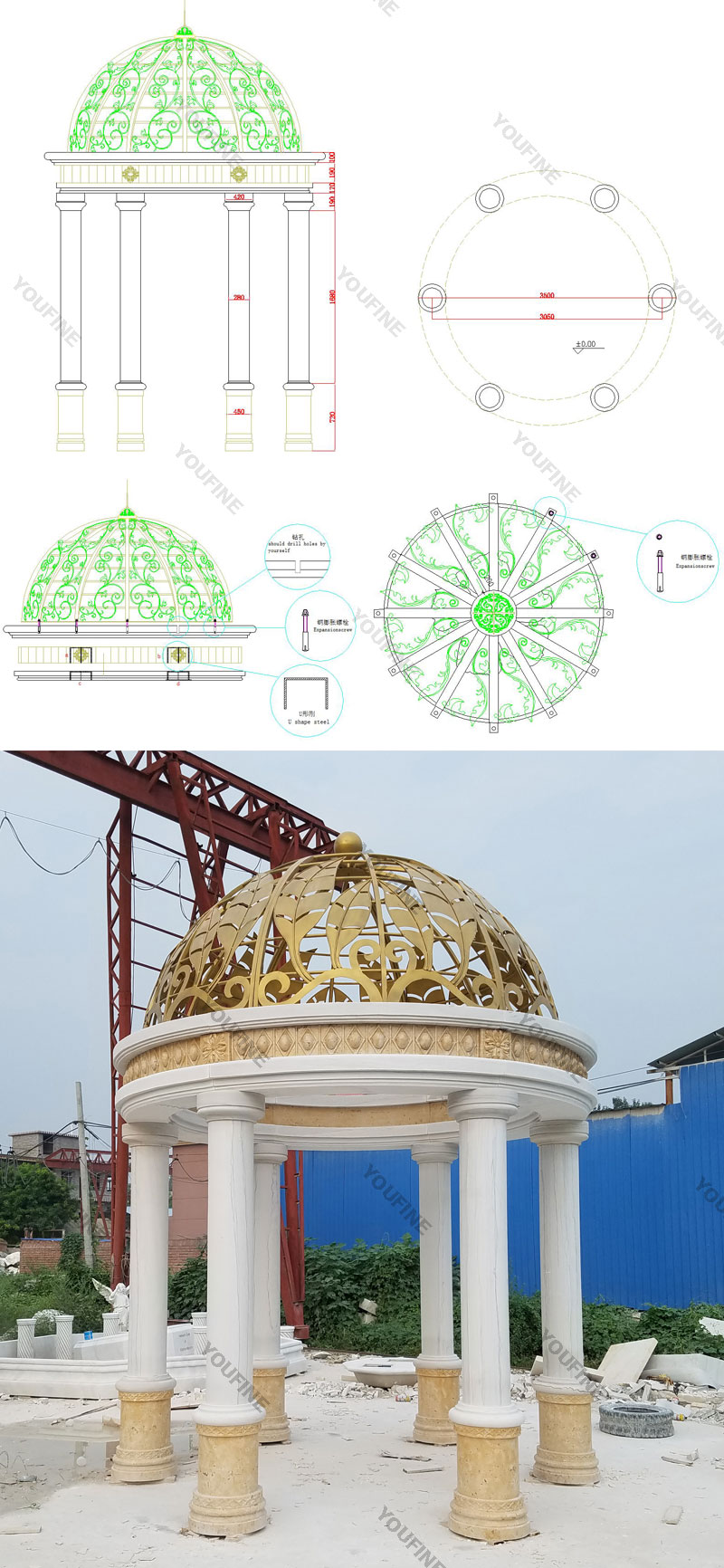 Drawing and designs of the Small marble pavilion with golden tops designs for hotel
