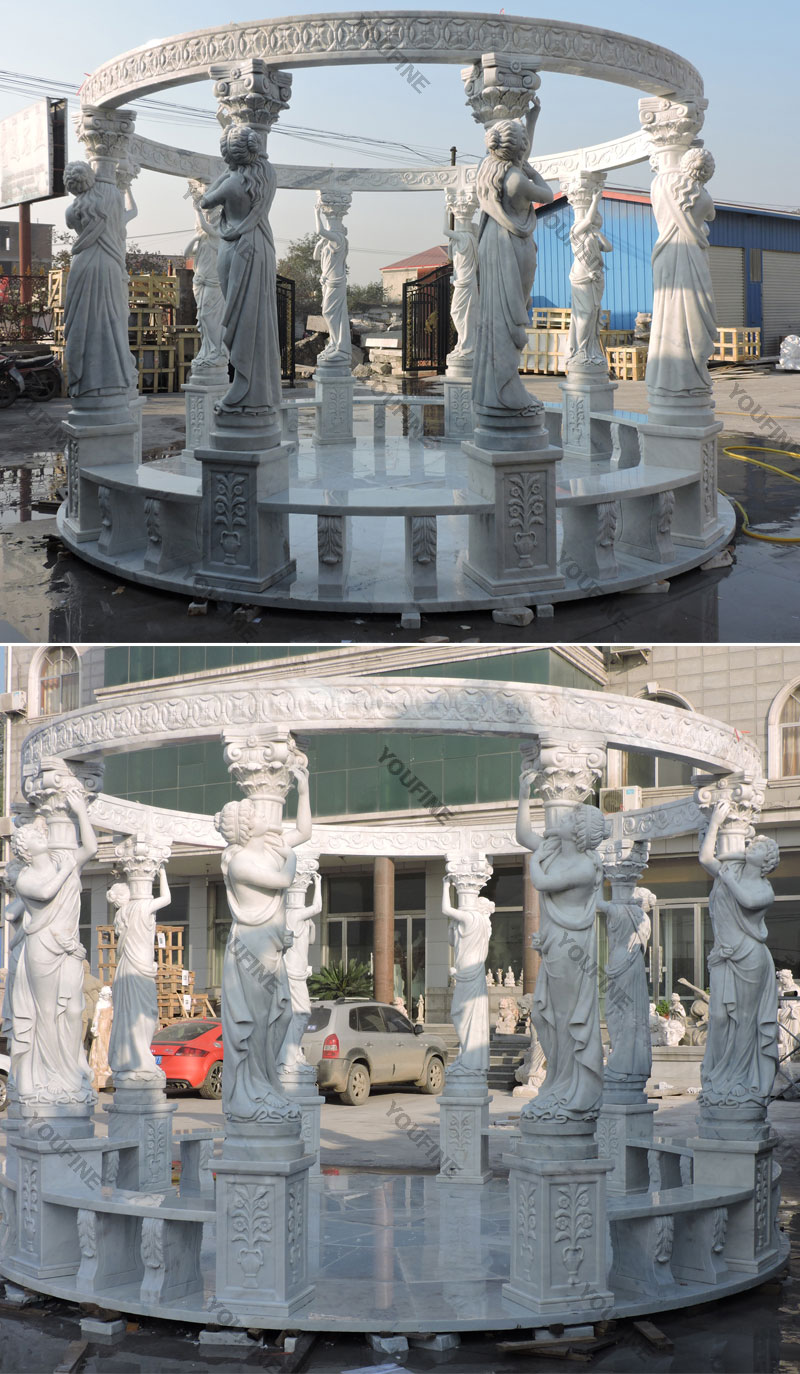 Luxury round marble gazebo with lady statues for the guests of the hotel design