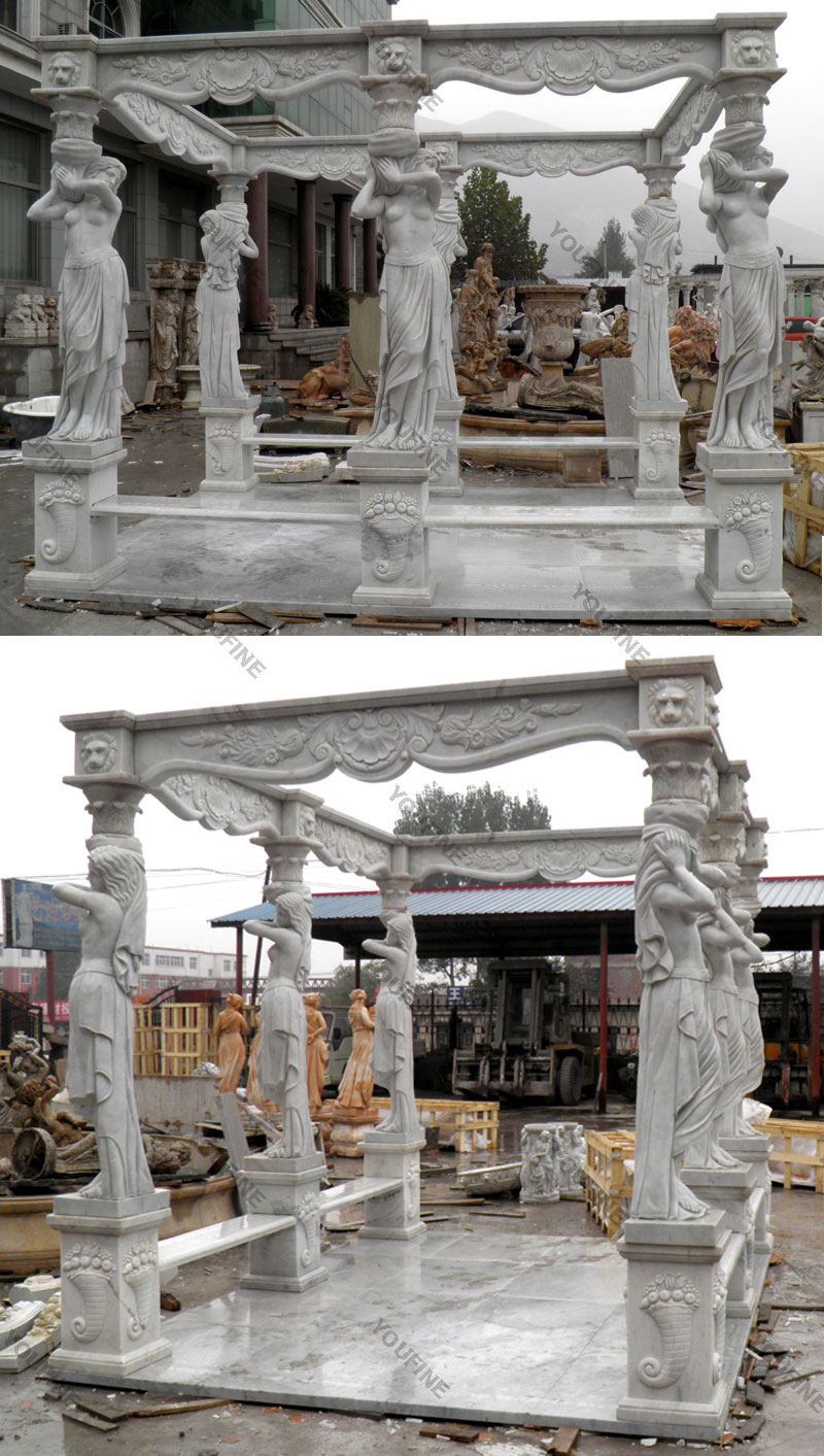 The details of large white stone pergola with woman statue designs for backyard of home