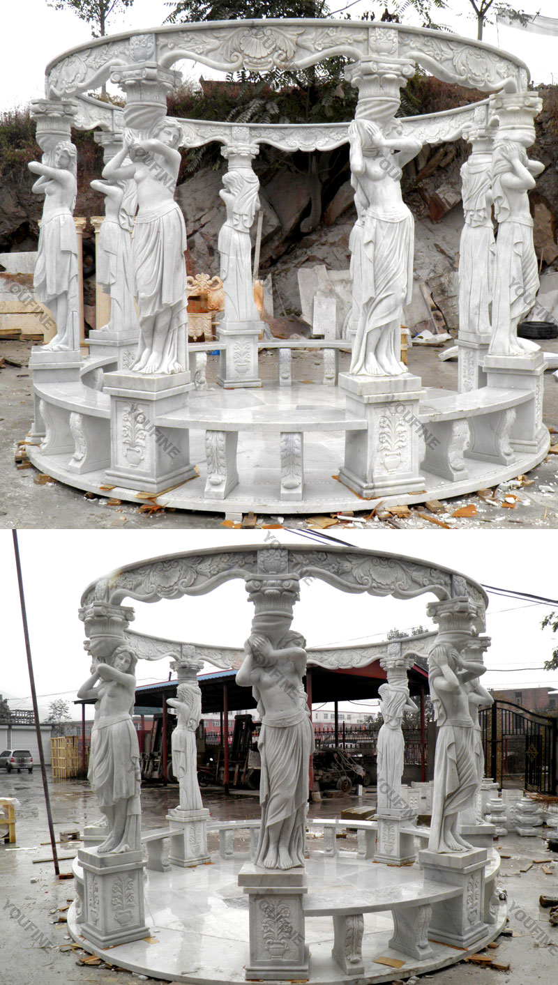 The details of place the white marble pavilion with nude woman statues for guests of the park to relax