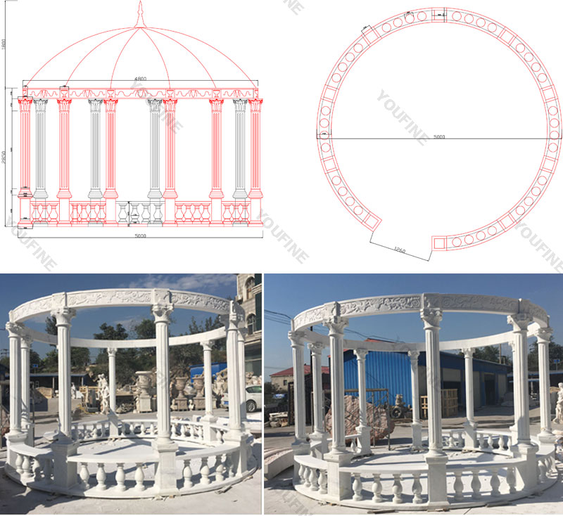 The drawing of large round marble pergola put in park for sitting