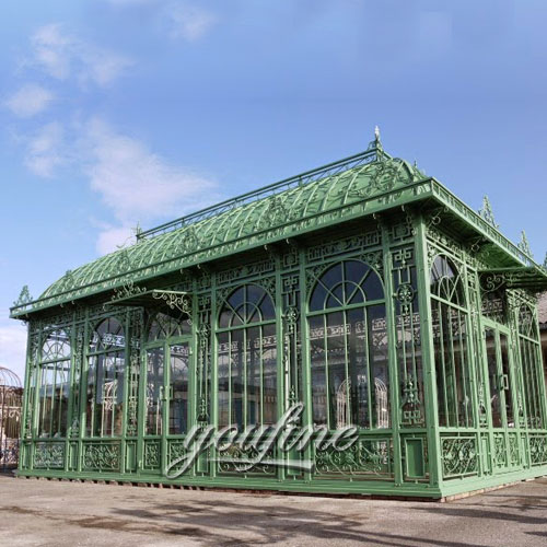 Outdoor large wrought iron metal framed green house with glass for supermarket