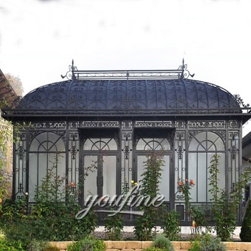 Outdoor large wrought iron  metal roof black gazebo with glass for sale