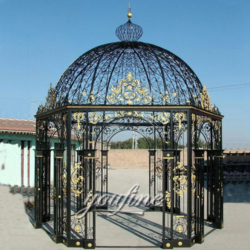 Outdoor large round black wrought iron screened metal roof patio pergola for sale