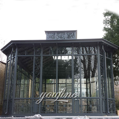 Outdoor large backyard decor metal casting iron 5×5 gazebo with glass design for sale
