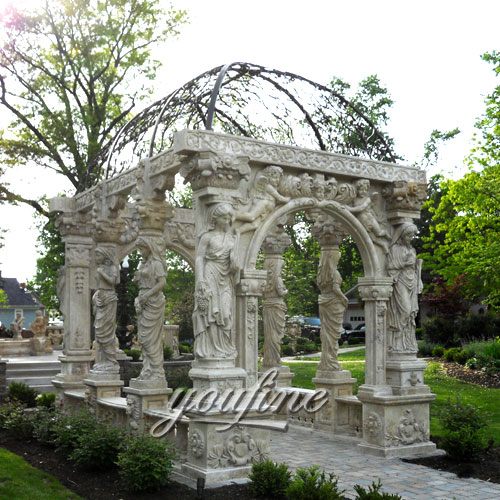 Outdoor large backyard Ornament marble white gazebo with lady statues for sale