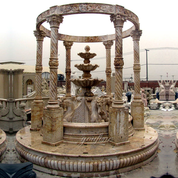 A set of antique beige marble gazebo and horse tiered fountain design for garden decor